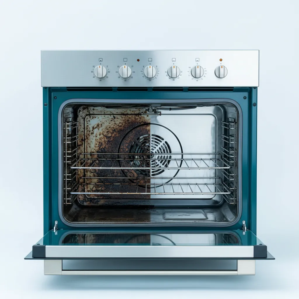 A neglected oven undergoing a heavy-duty restorative cleaning process