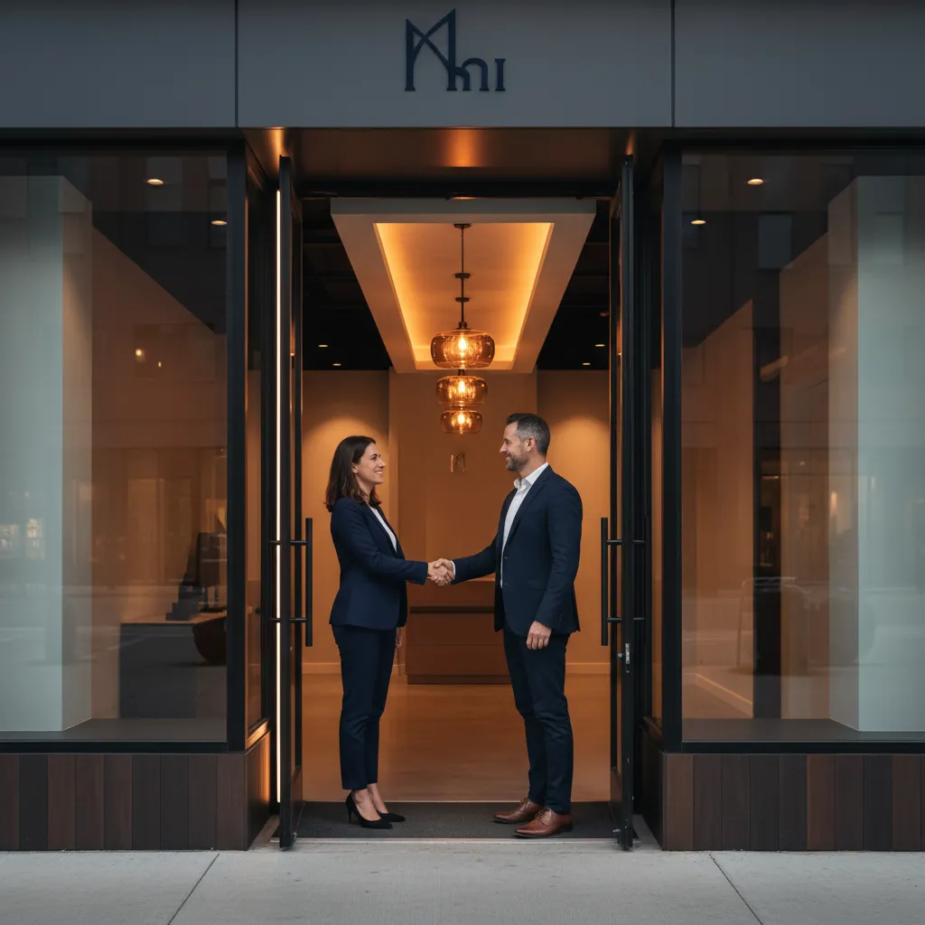 Local business interaction and customer walking into a store