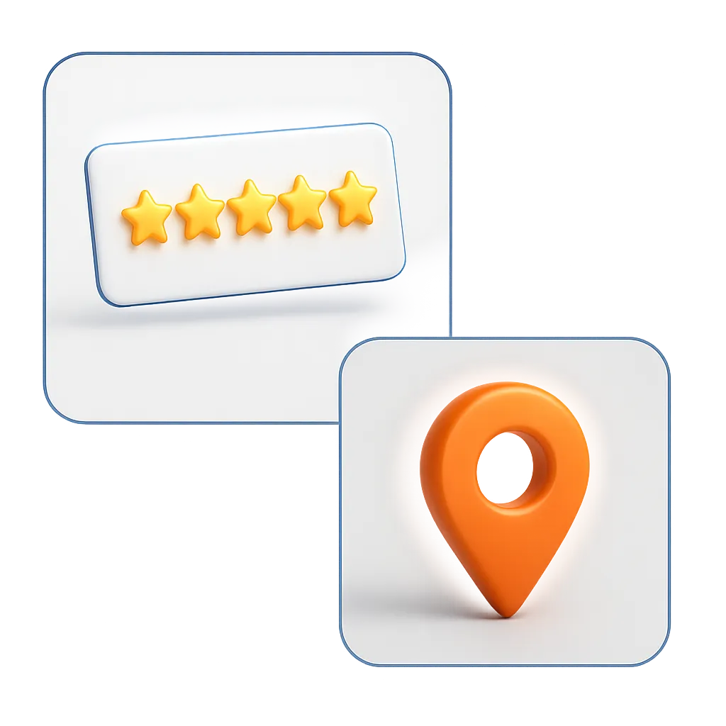 Composite image showing a 5-star review badge layered over a map pin