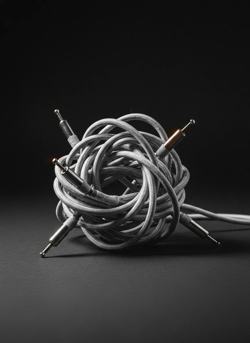 A striking black and white photo of tangled vintage cables in a switchboard.