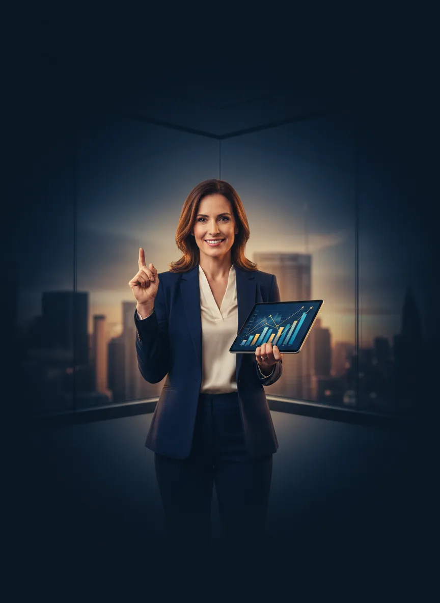 Confident business owner indicating rapid growth