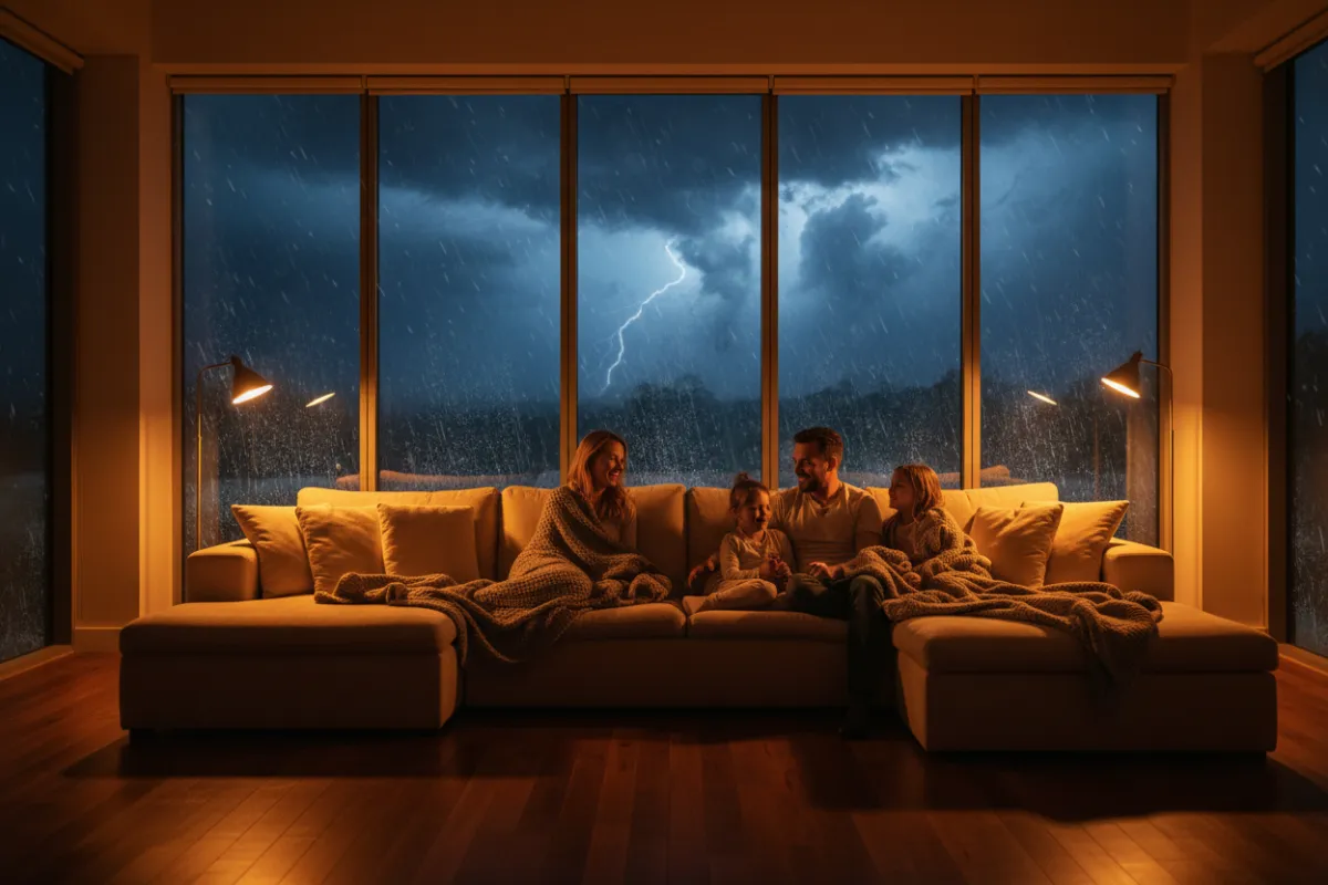 Warm amber-lit home interior with AC running safely during a storm