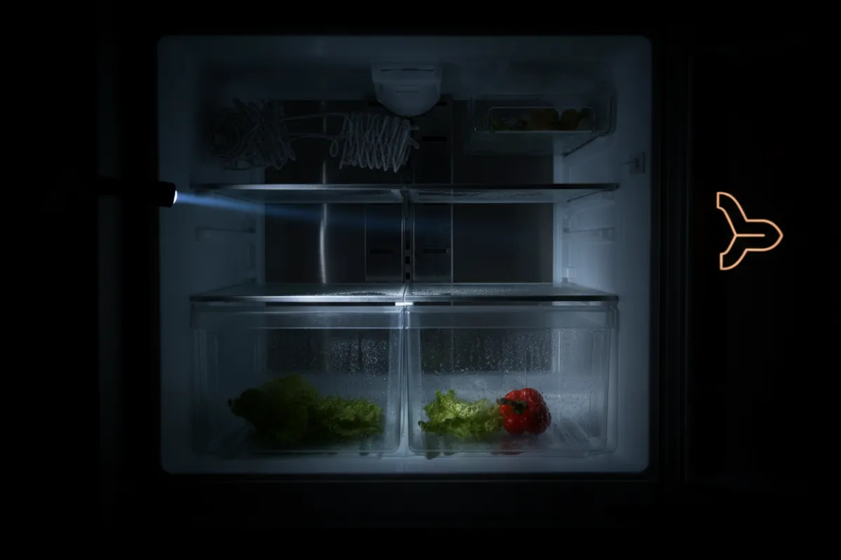 Spoiled groceries in a dark, powerless refrigerator
