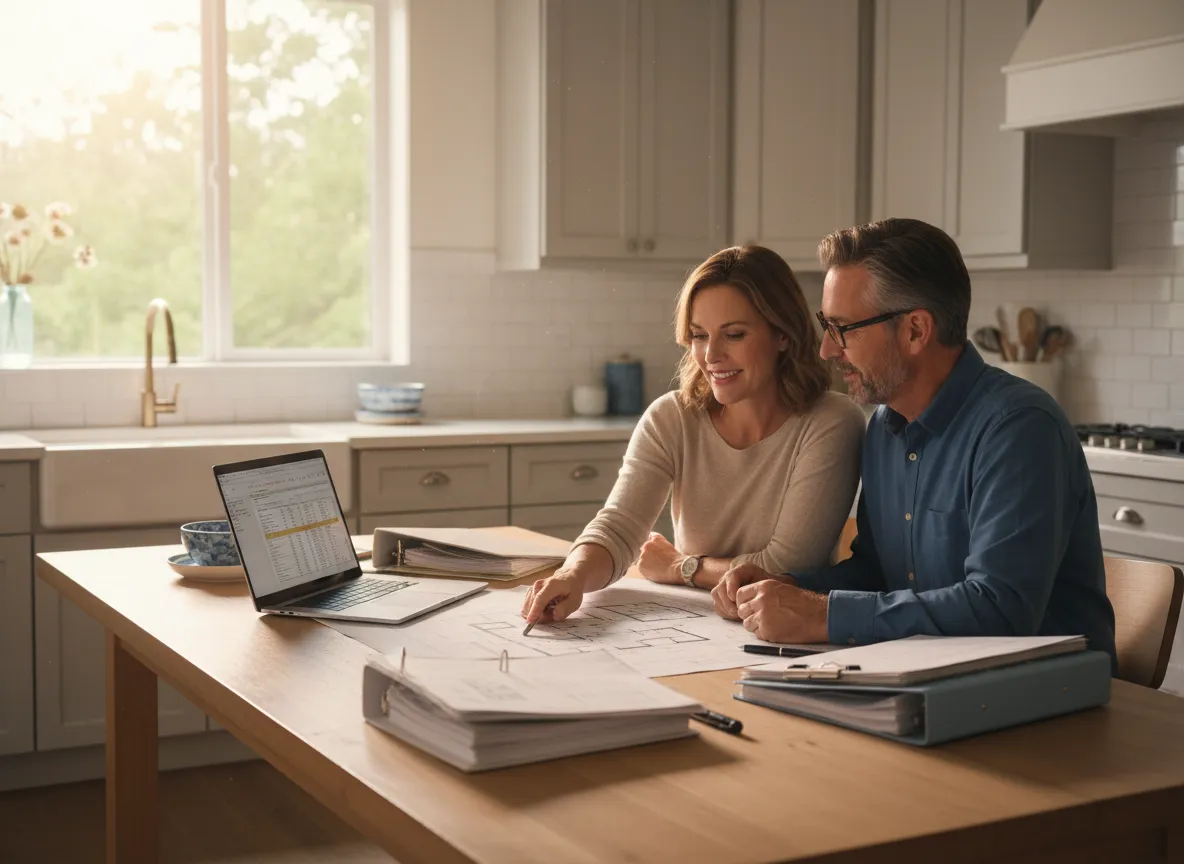 Calm middle-aged couple reviewing a clear rental property plan at a kitchen table