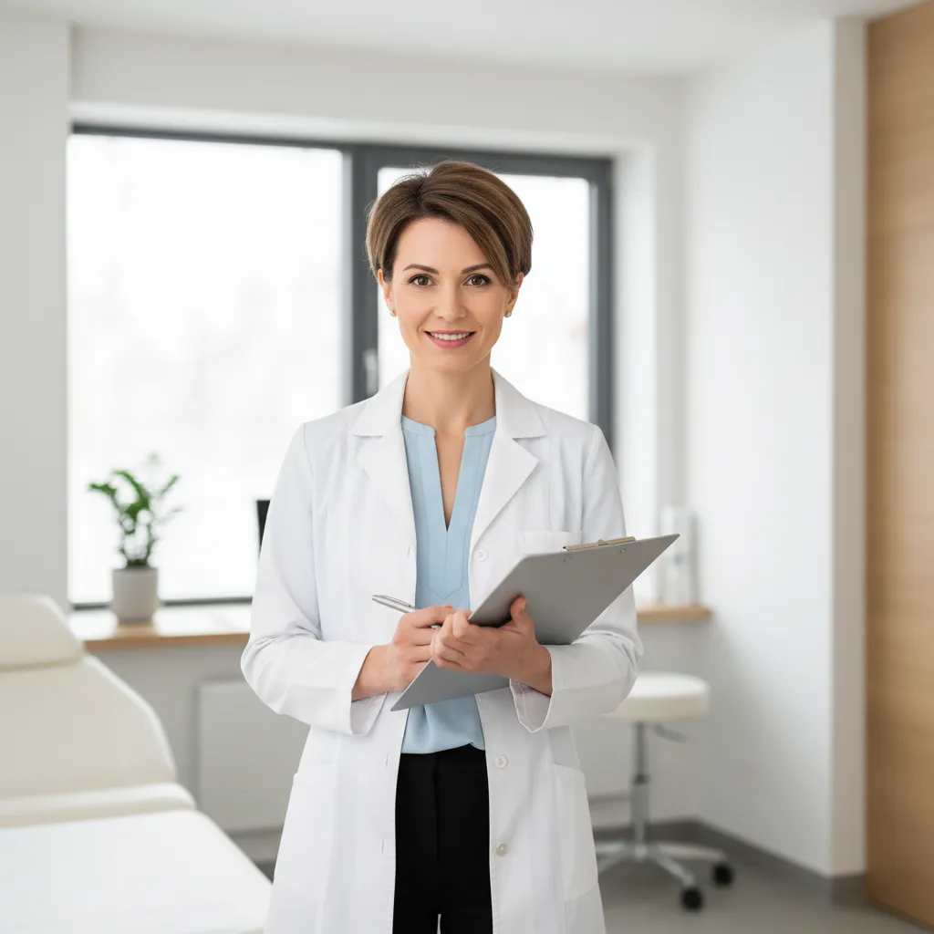 A female nutritionist in her 30s with short hair, wearing a white lab coat and holding a clipboard, standing in a modern clinic. The background is softly blurred, and she smiles warmly, exuding expertise and approachability.