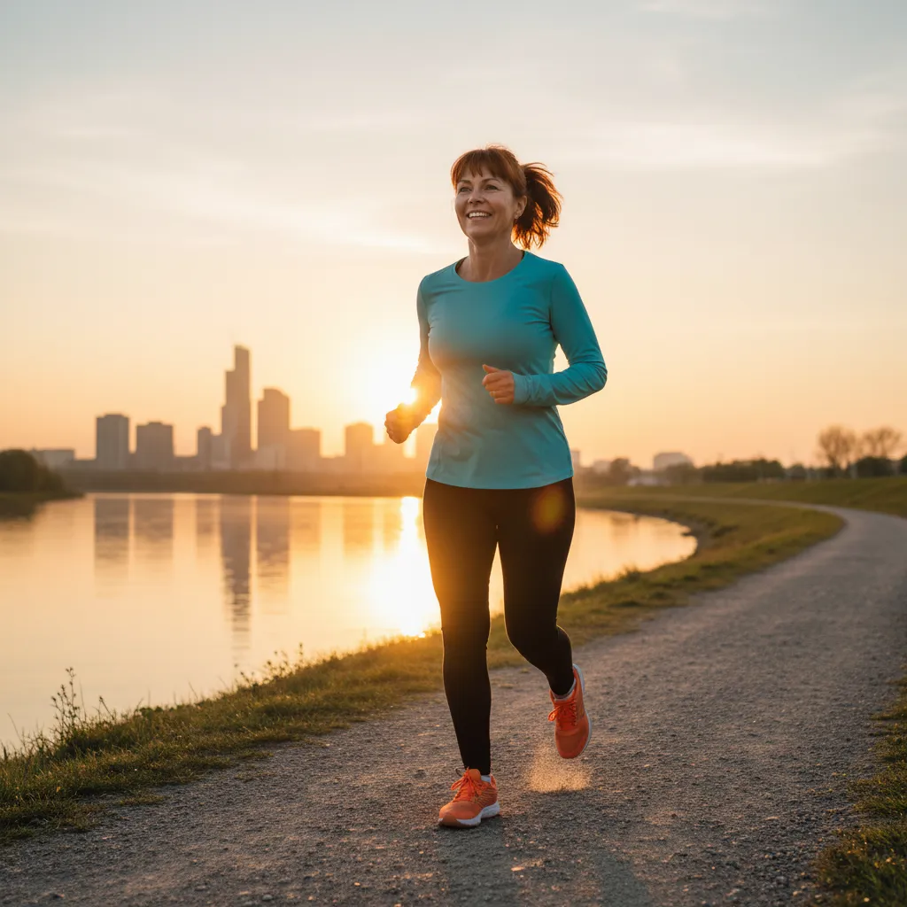 A middle-aged woman jogging along a riverside path at sunrise, her face glowing with energy and determination. The city skyline is softly blurred in the background, and the scene radiates vitality and hope.