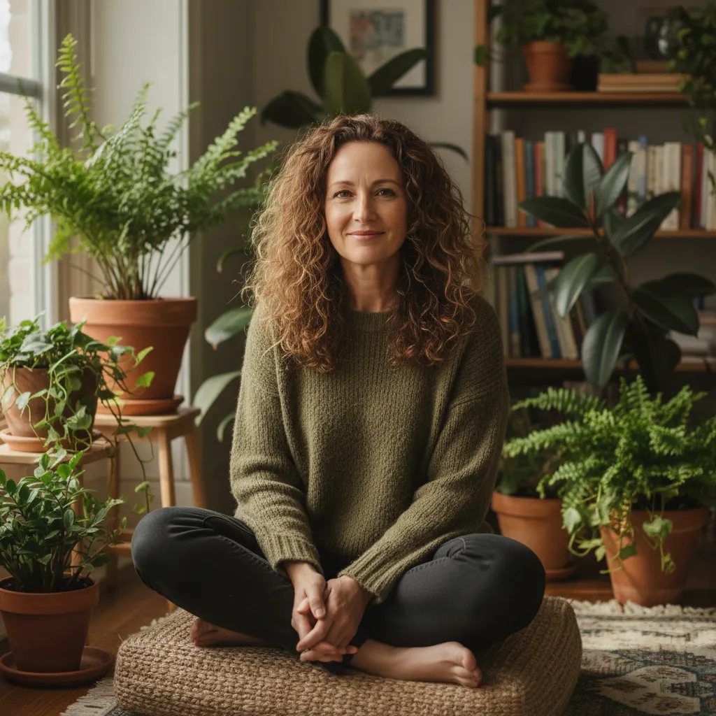 A middle-aged female mindfulness expert with curly hair, wearing a soft green sweater, seated in a cozy, plant-filled room. She is gently smiling, hands resting in her lap, radiating calm and wisdom.