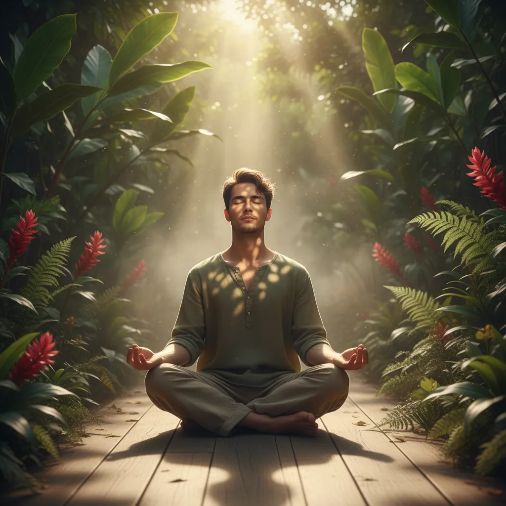A young man meditating on a wooden deck surrounded by lush plants, eyes closed and posture relaxed. The morning light filters through leaves, creating a peaceful, focused atmosphere that suggests clarity and inner calm.
