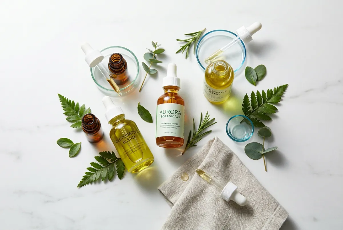 Botanical skin serums and essential moisture restorative oils