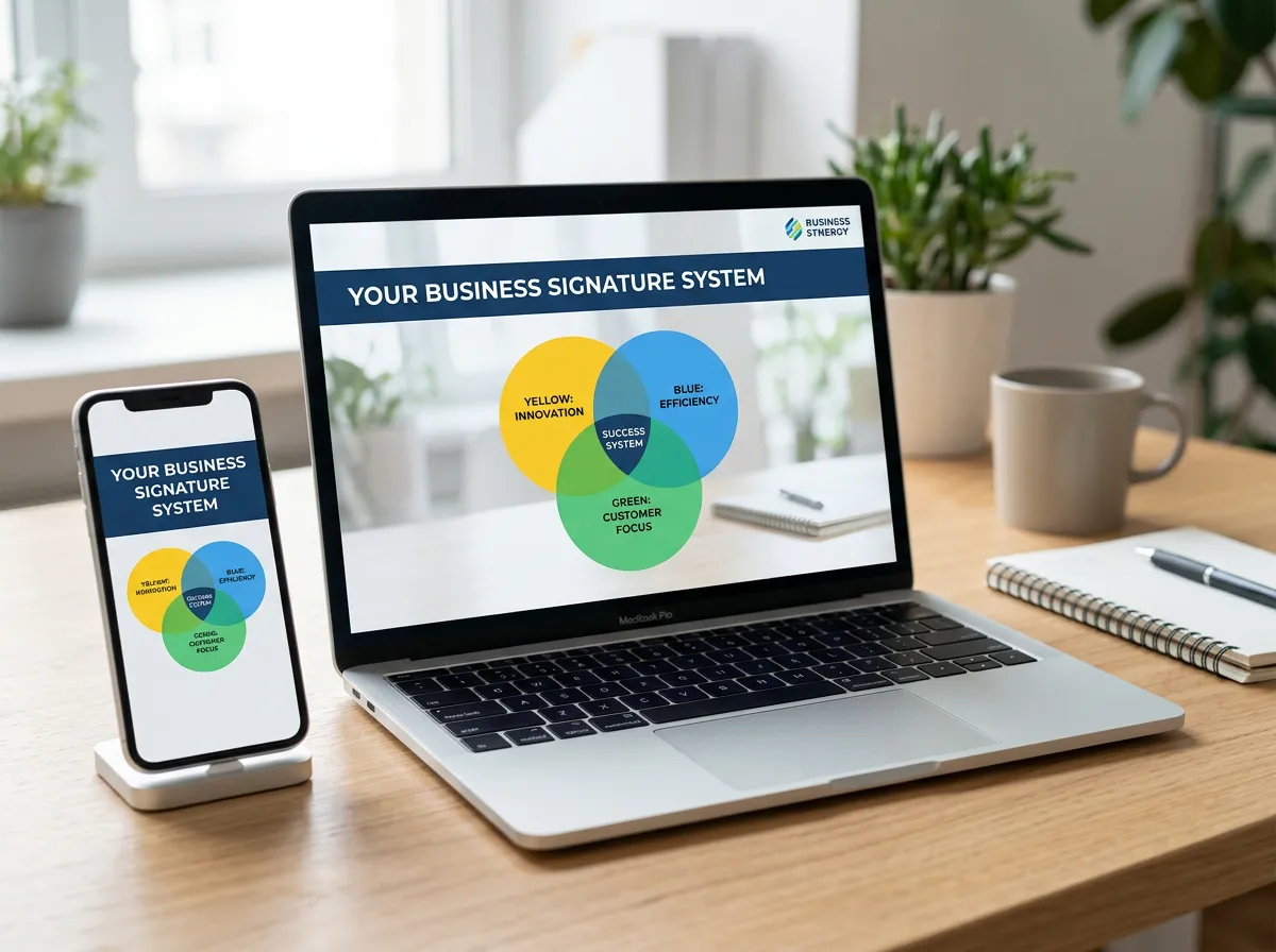 Mockup of a silver laptop and smartphone side-by-side, both displaying a presentation slide titled 'YOUR BUSINESS SIGNATURE SYSTEM' with an intersecting Venn diagram in yellow, blue, and green