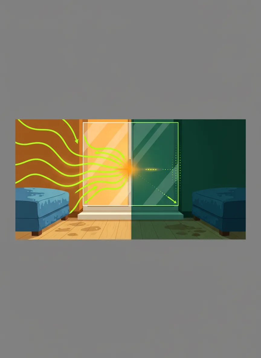 Stark iconography graphic showing intense thermal heat and UV penetration through an untreated window pane.