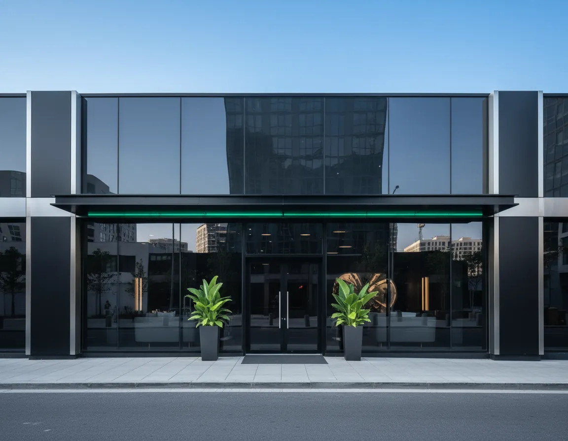 Sleek architectural exterior view showing window privacy