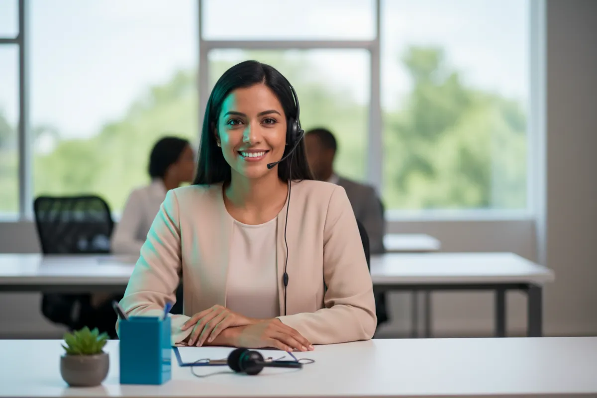 Friendly customer support professional smiling at desk