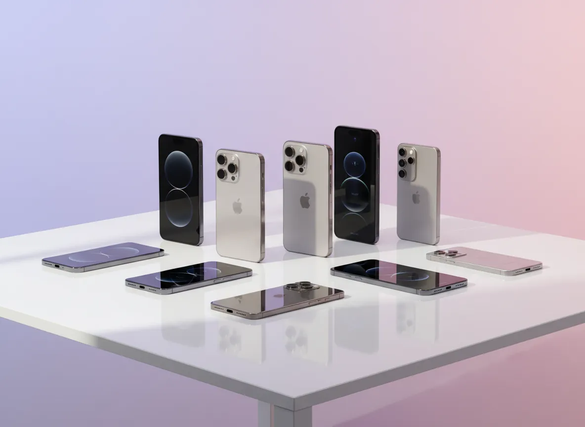 Fotografía de celulares premium en mesa minimalista en tonos pastel