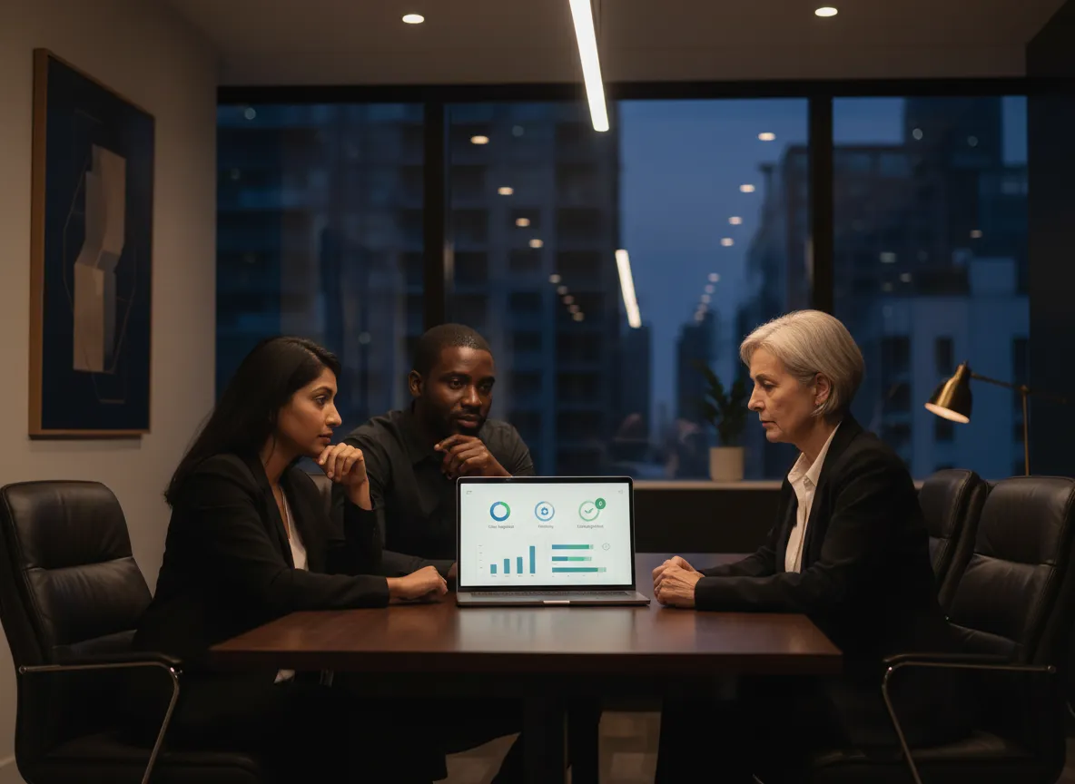 Consultant walking a small business owner through an AI workflow dashboard