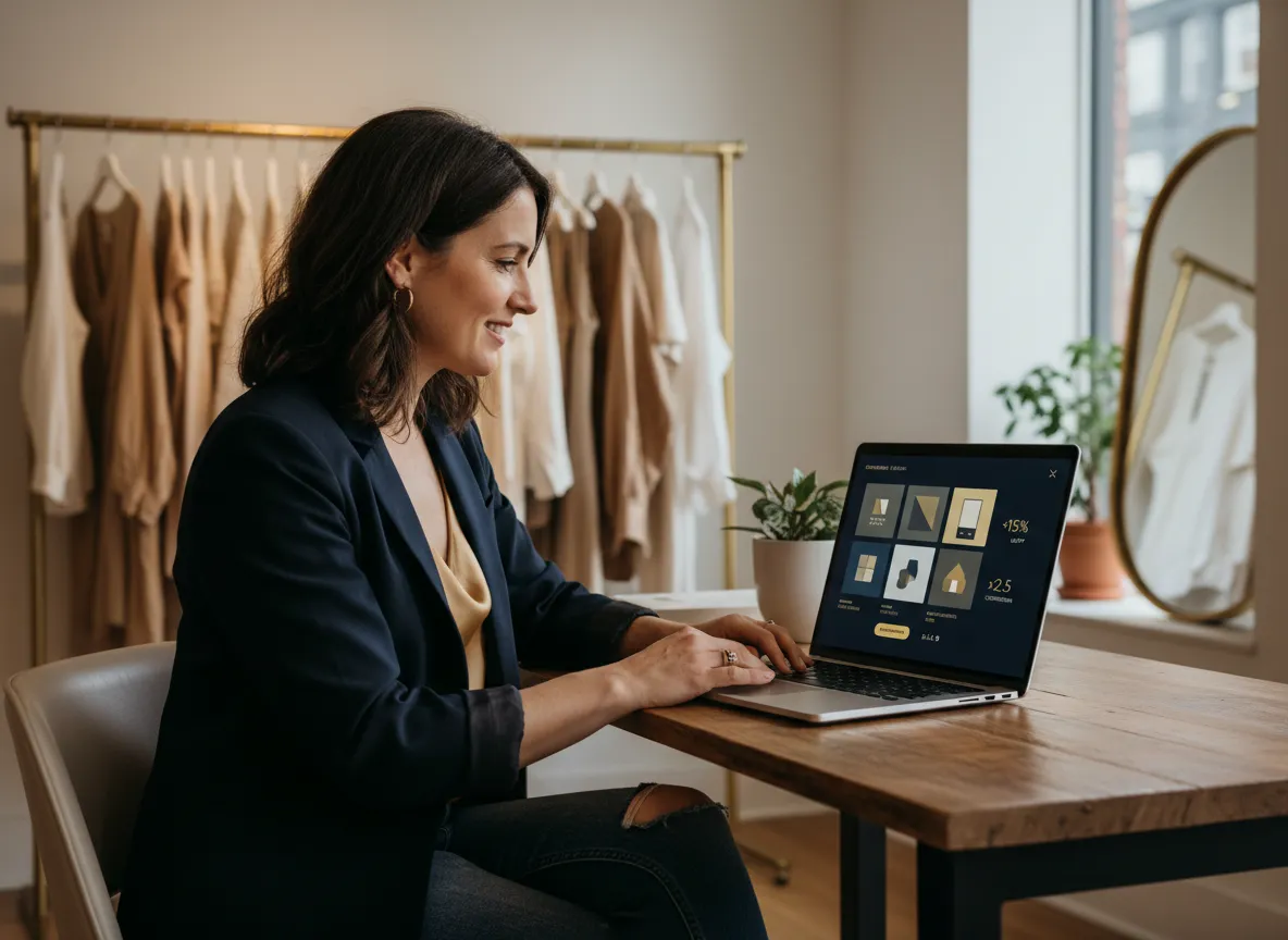 Retail owner reviewing AI-driven merchandising dashboard on a laptop