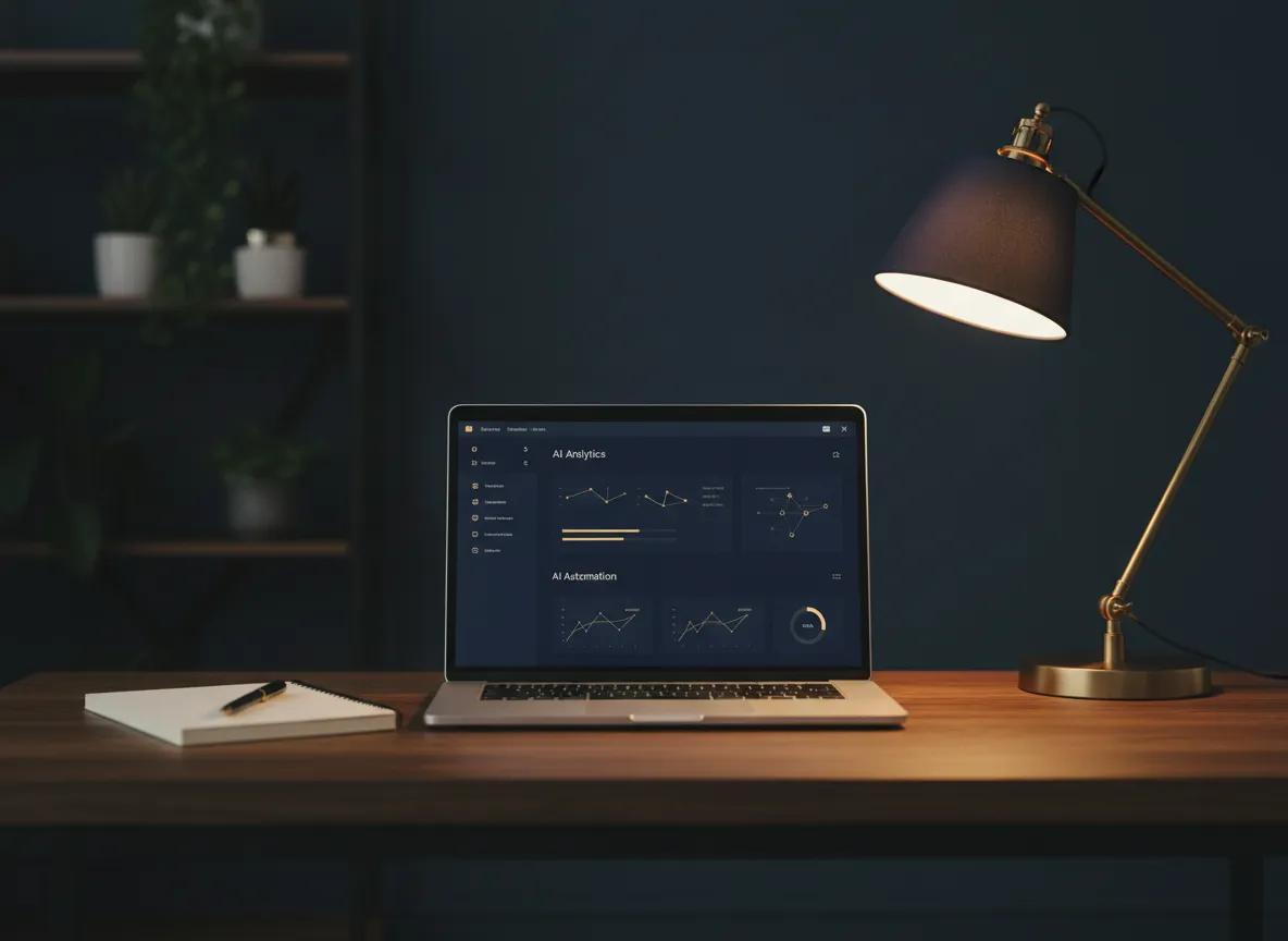 Modern workspace with a laptop showing AI analytics and automation workflows