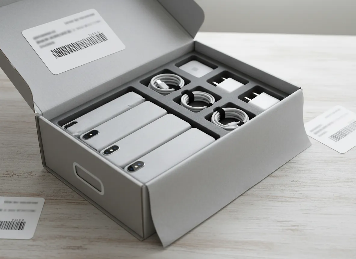 Caja de envío premium con celulares en su interior
