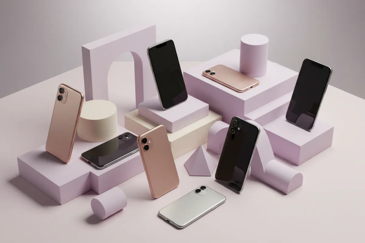 Mesa con varios celulares ordenados en composición pastel