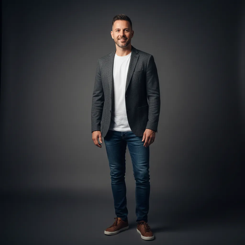 Portrait of the founder: a confident mid-30s entrepreneur, casual-professional attire, neutral studio backdrop, head-and-shoulders, natural soft lighting, photorealistic editorial style that conveys approachability and authority.