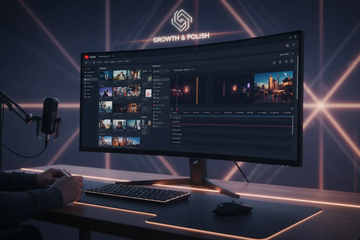 Close-up of a YouTube creator dashboard on a monitor with a creator editing thumbnails and timeline clips, modern desk setup, soft studio lighting, photorealistic style focusing on growth and polish.