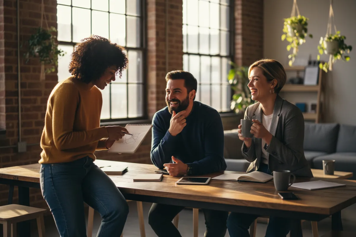 Three small business owners exchanging ideas at a community meetup in a bright co-working loft, candid mid-shot, warm natural light, photorealistic style emphasizing collaboration and approachable professionalism.
