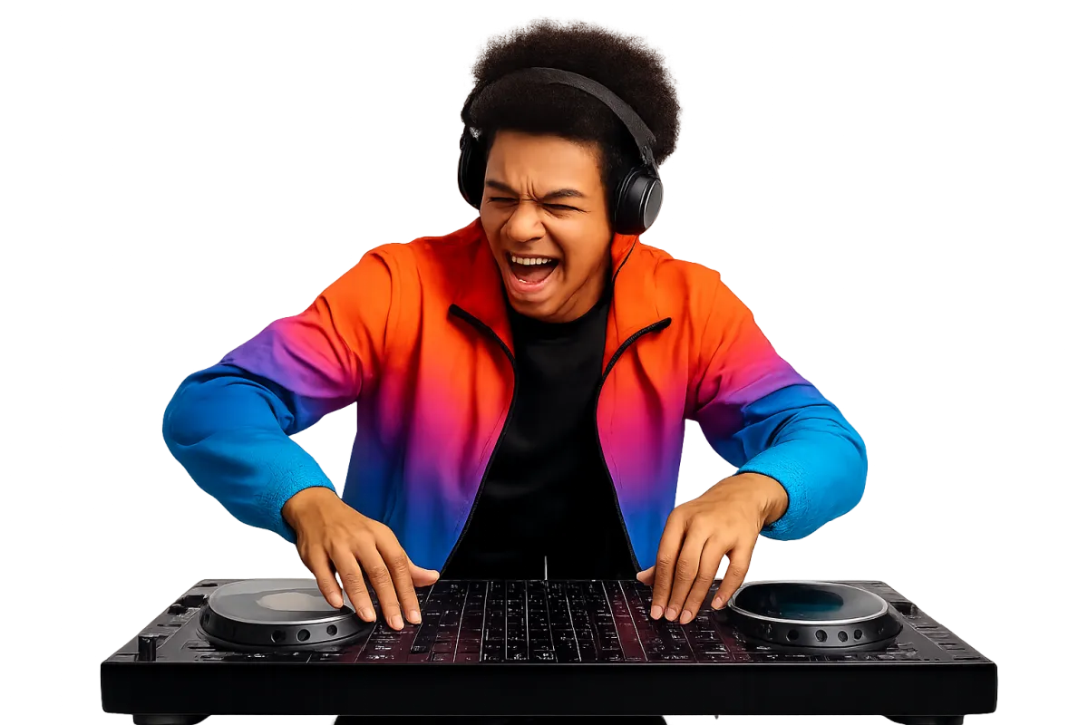 A professional photo of DJ equipment, including a mixer, headphones, and turntables, set up on a sleek table. The background features subtle colored lighting, evoking a vibrant, energetic music environment.