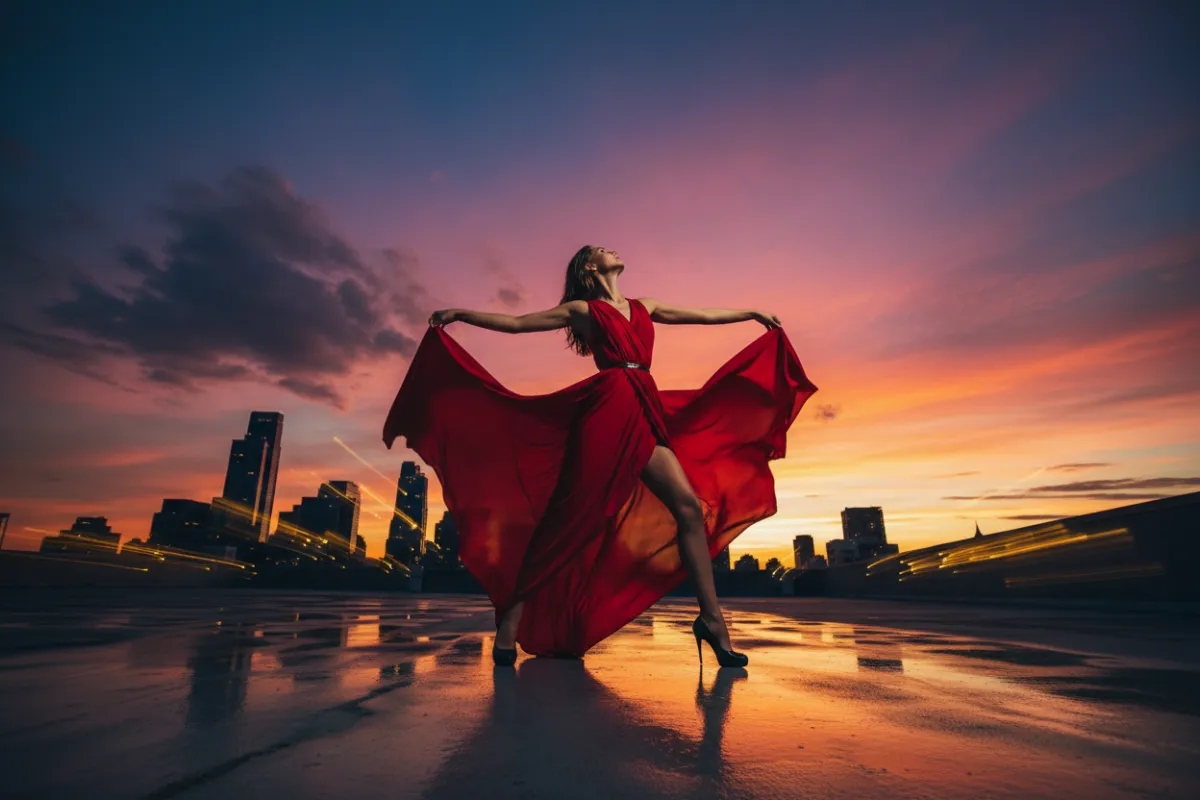 A fashion model strikes a dramatic pose on a rooftop at sunset, with a city skyline in the background. The image uses bold colors, sharp contrast, and a cinematic composition to evoke confidence and urban style.