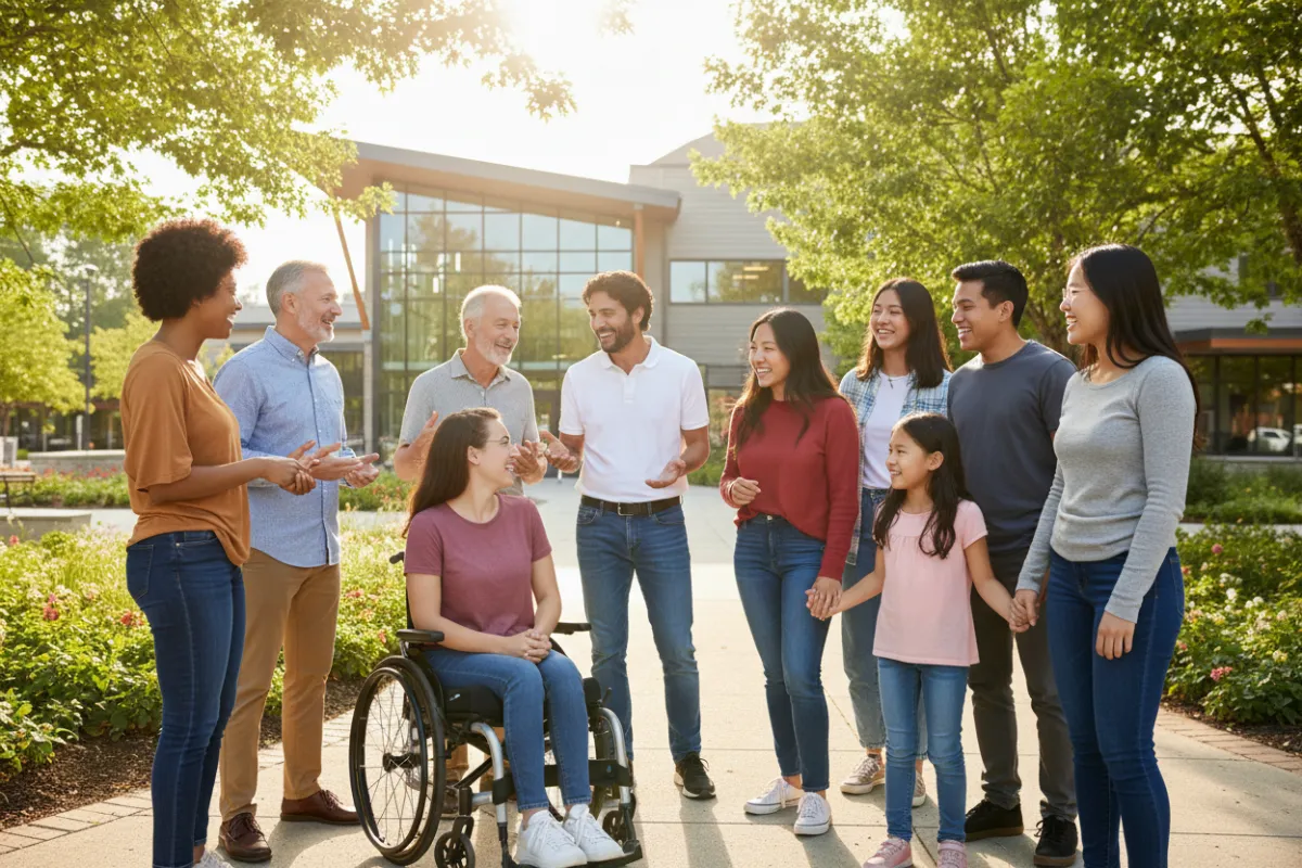 A diverse group of teenagers and adults, including a young woman in a wheelchair, stand together outdoors in a sunlit park, smiling and interacting warmly. The group includes various ethnicities and ages, with a backdrop of green trees and a community center visible in the distance.