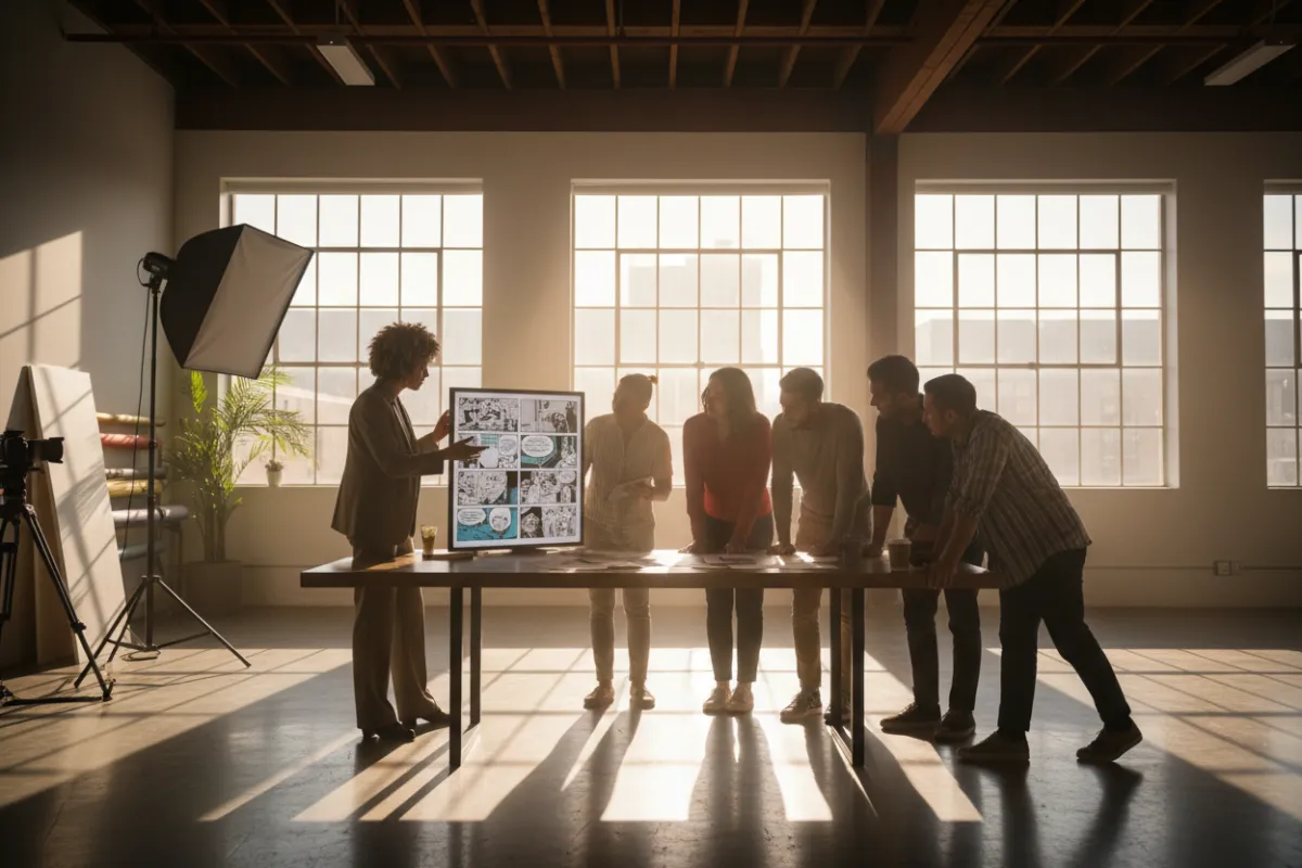 A creative director reviewing a storyboard with a diverse team in a modern studio, natural light streaming through large windows, evoking collaboration and artistic focus.