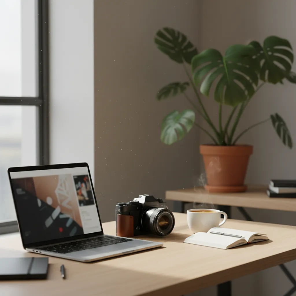 A creative workspace with a laptop, camera, and coffee mug on a wooden desk, soft daylight, and a leafy plant in the background.