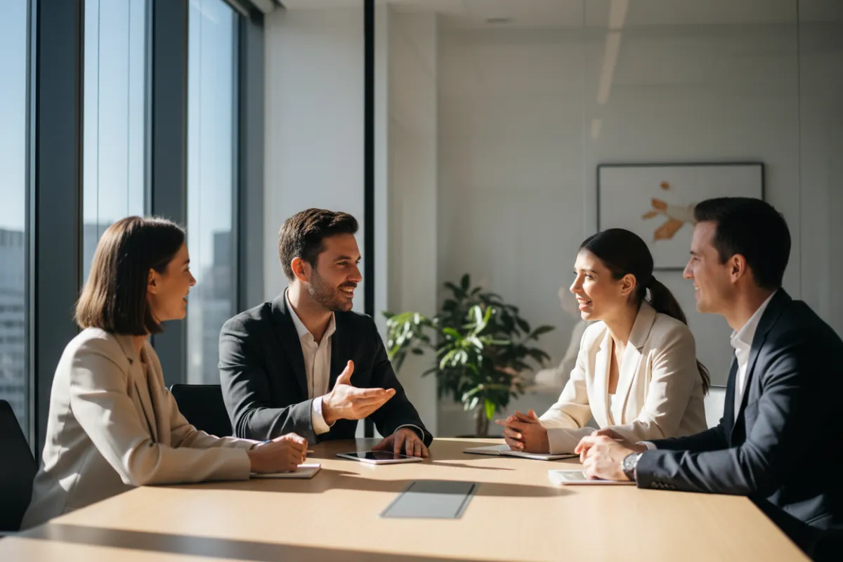 A business team is captured mid-discussion in a glass-walled office. Natural daylight streams in, and the image uses a cinematic depth of field to focus on engaged expressions and professional energy.