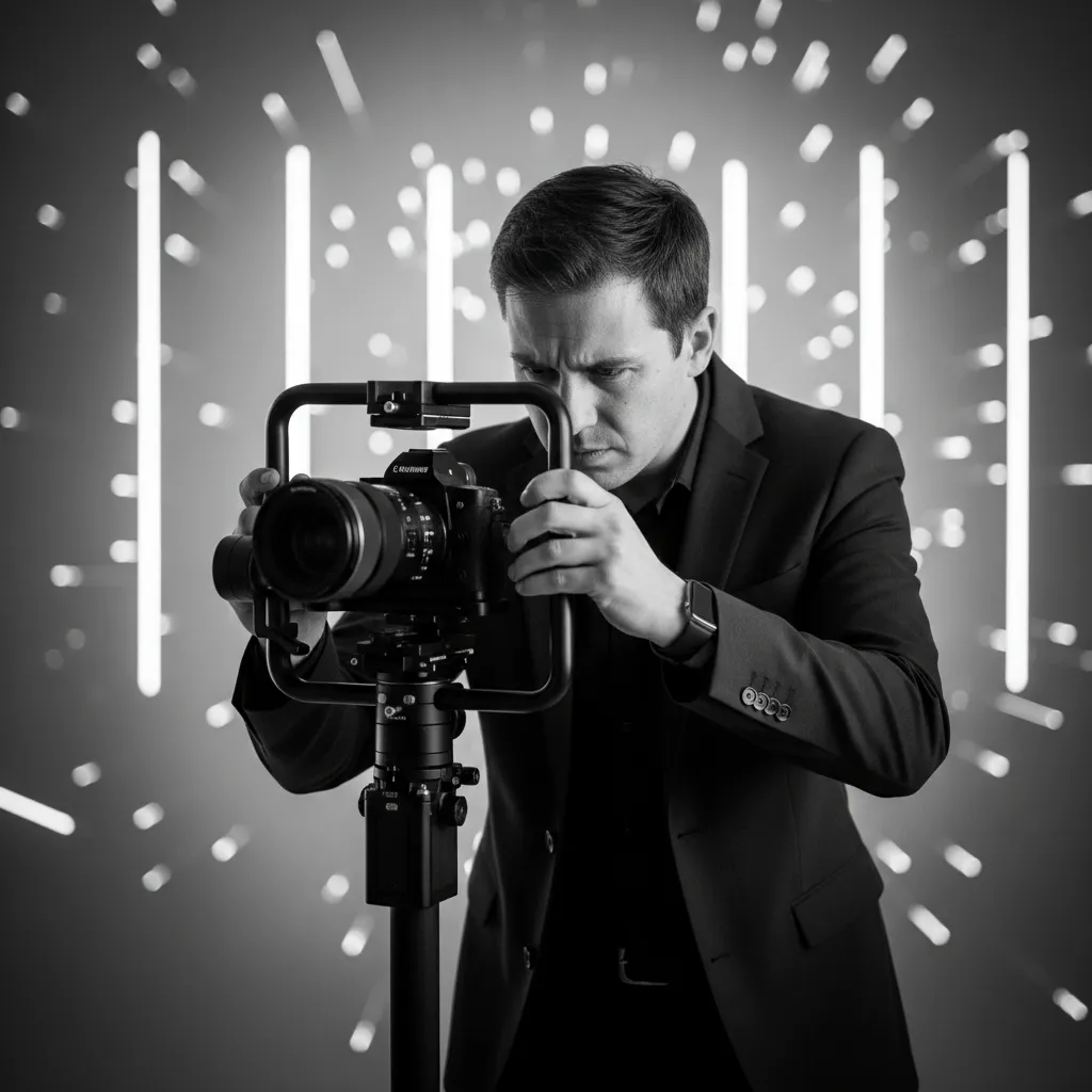 A photographer adjusting a camera on a gimbal, focused and intent, with blurred studio lights in the background, monochrome style.