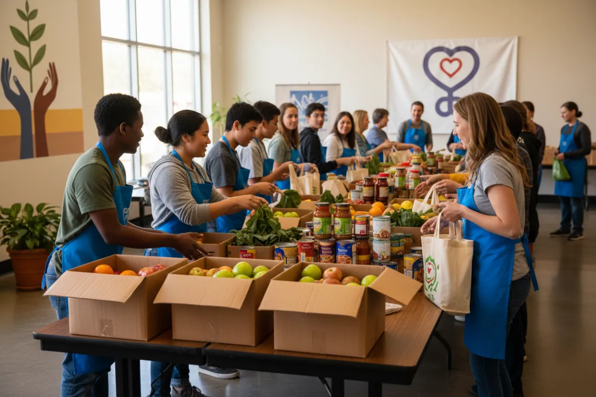 Volunteers at food drive event