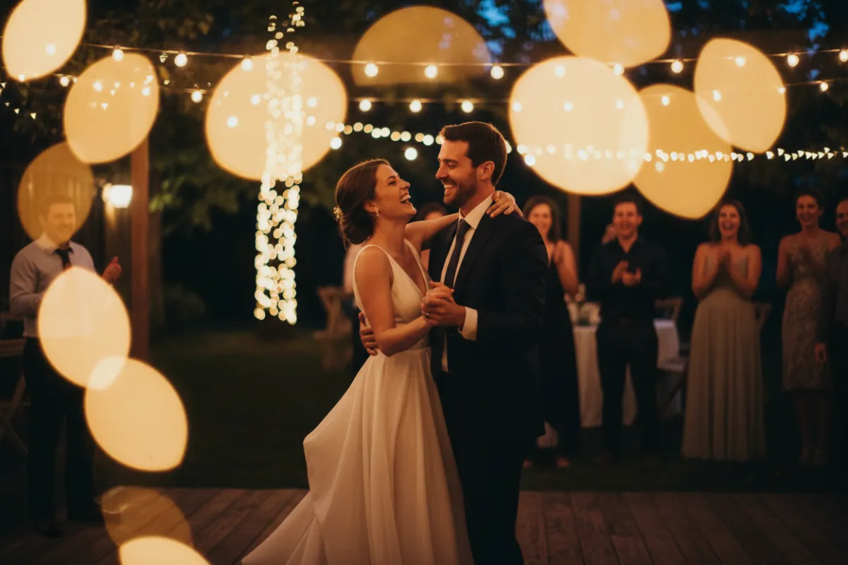 A couple dances under string lights at an outdoor evening wedding. The background features soft bokeh, warm golden tones, and candid expressions of joy, capturing a magical, cinematic moment in a lively celebration.