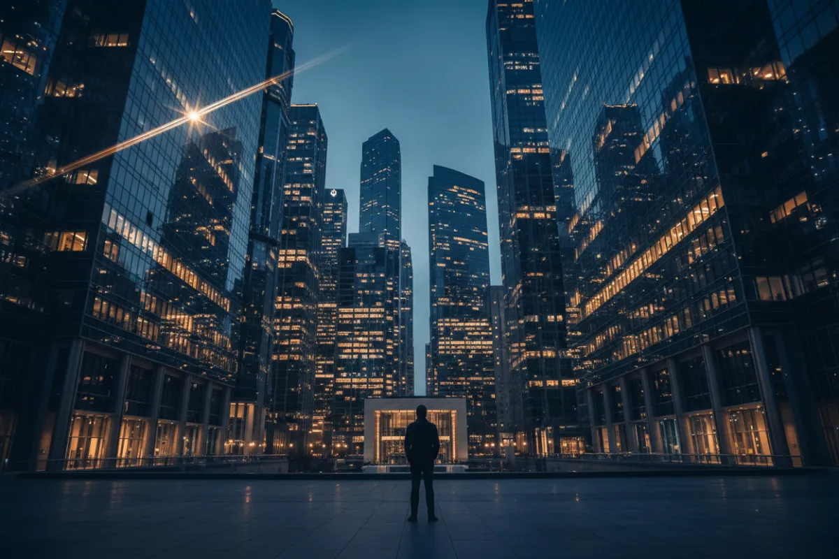 A dramatic, wide-angle cityscape at dusk with golden lights reflecting off glass buildings, a lone figure silhouetted in the foreground, and a subtle lens flare. The image uses deep blues and warm highlights, evoking cinematic grandeur and urban sophistication.