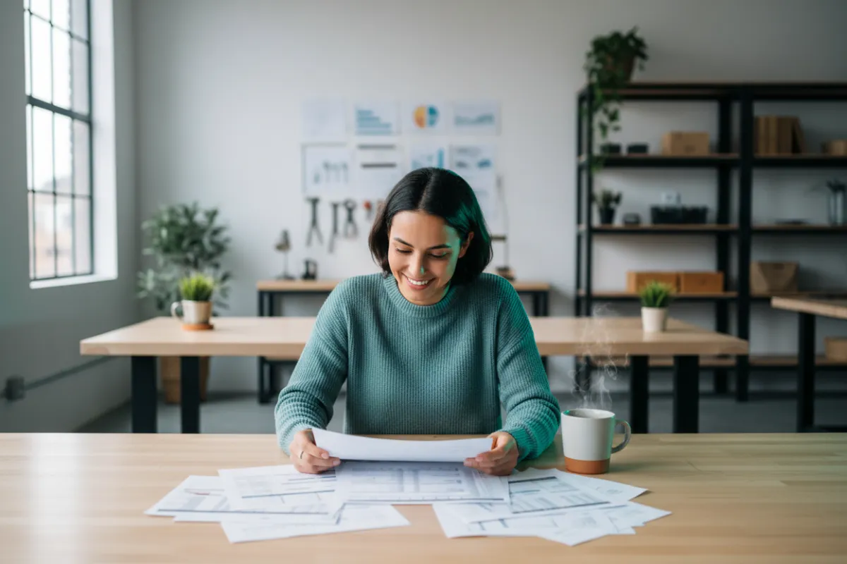 A person looking relieved and hopeful while reviewing finances