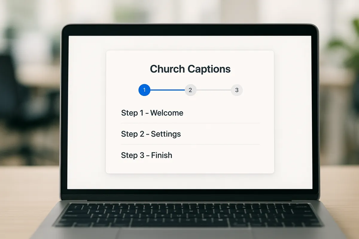 Close-up of a laptop with Church Captions setup wizard