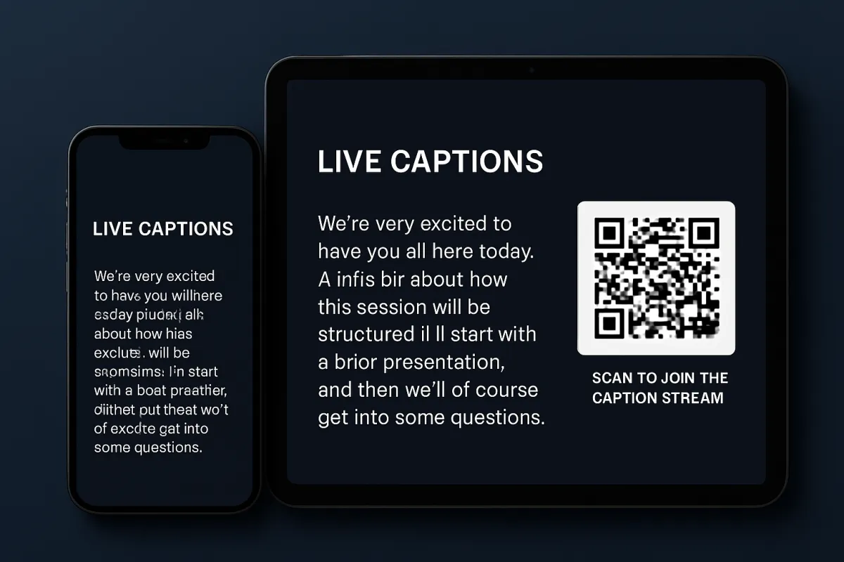 Smartphone and tablet mockup showing synchronized live captions and a QR code to join the caption stream.