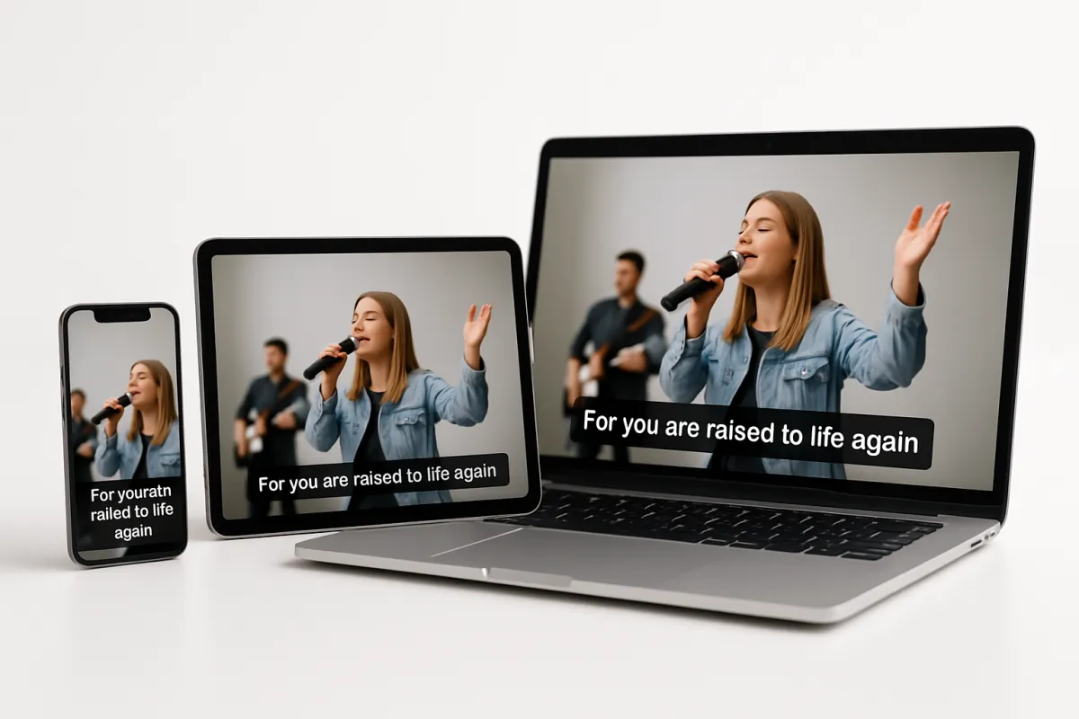 Smartphone, tablet, and laptop showing synchronized live captions for a worship stream