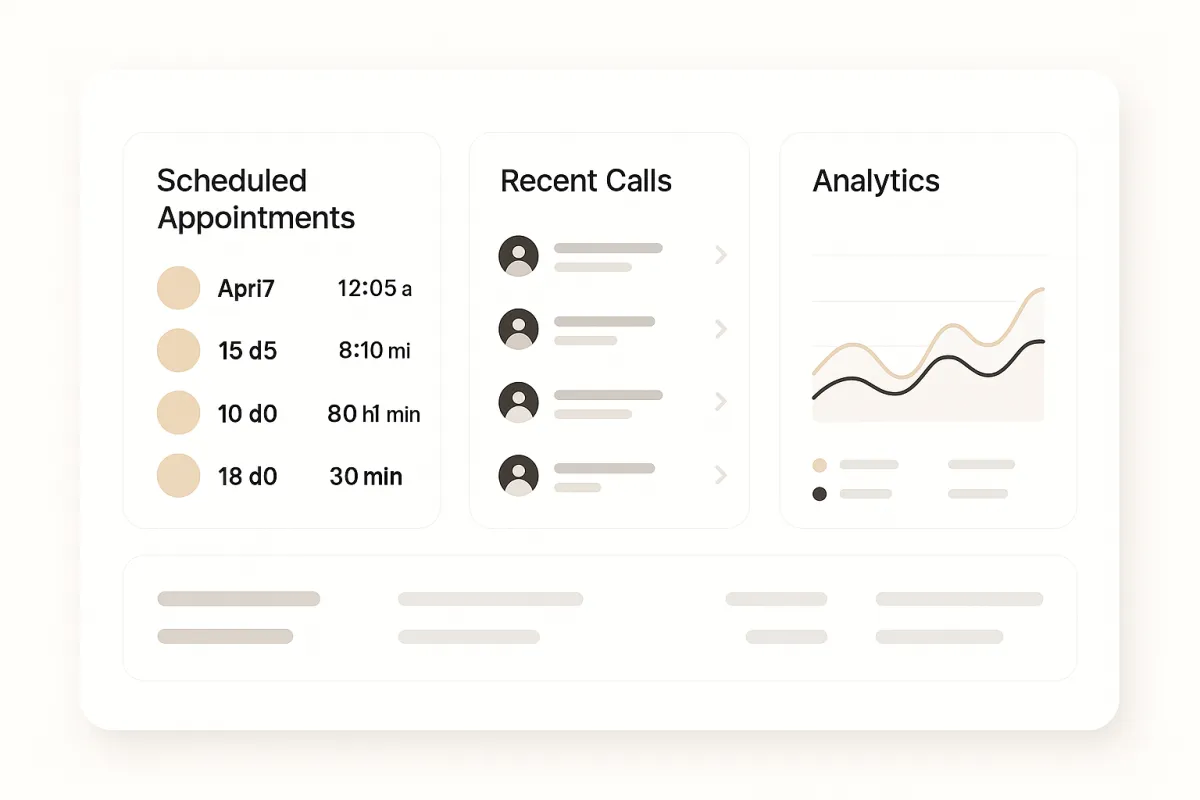 Dashboard showing scheduled appointments, recent calls, and simple analytics.