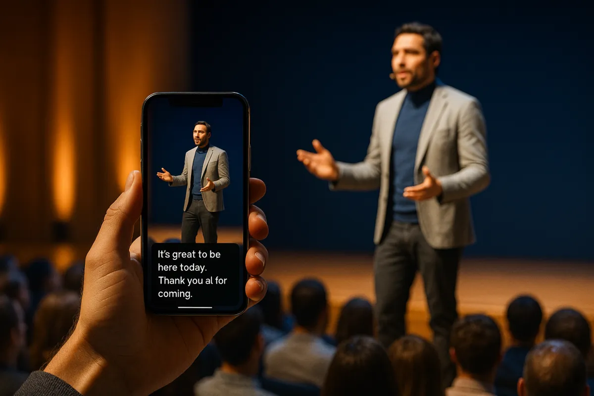 Phone showing live captions at an event