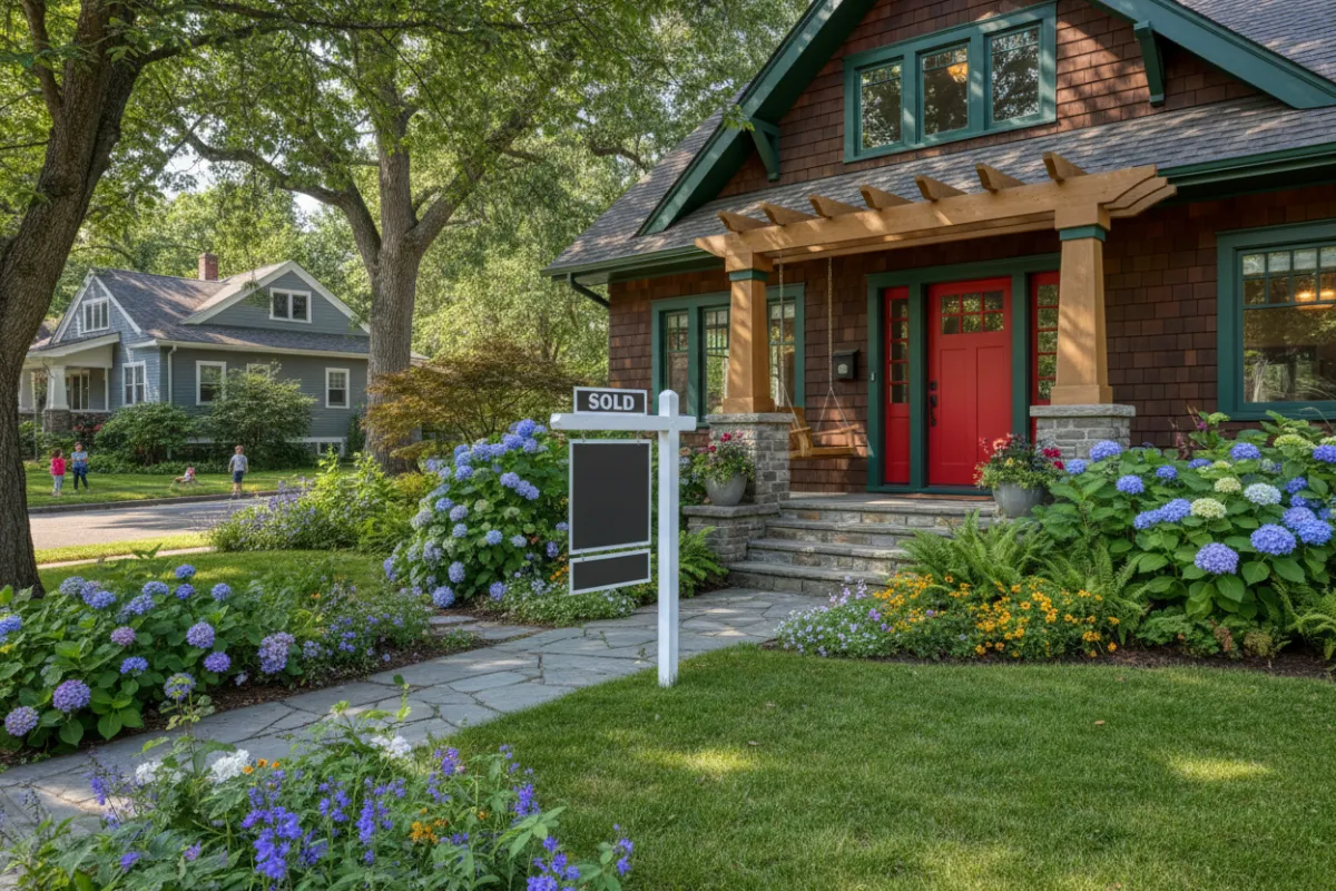 Charming craftsman home with a red door, lush landscaping, and a 'Sold' sign in the yard. The property is sunlit and welcoming, representing a successful sale in a family-friendly neighborhood.