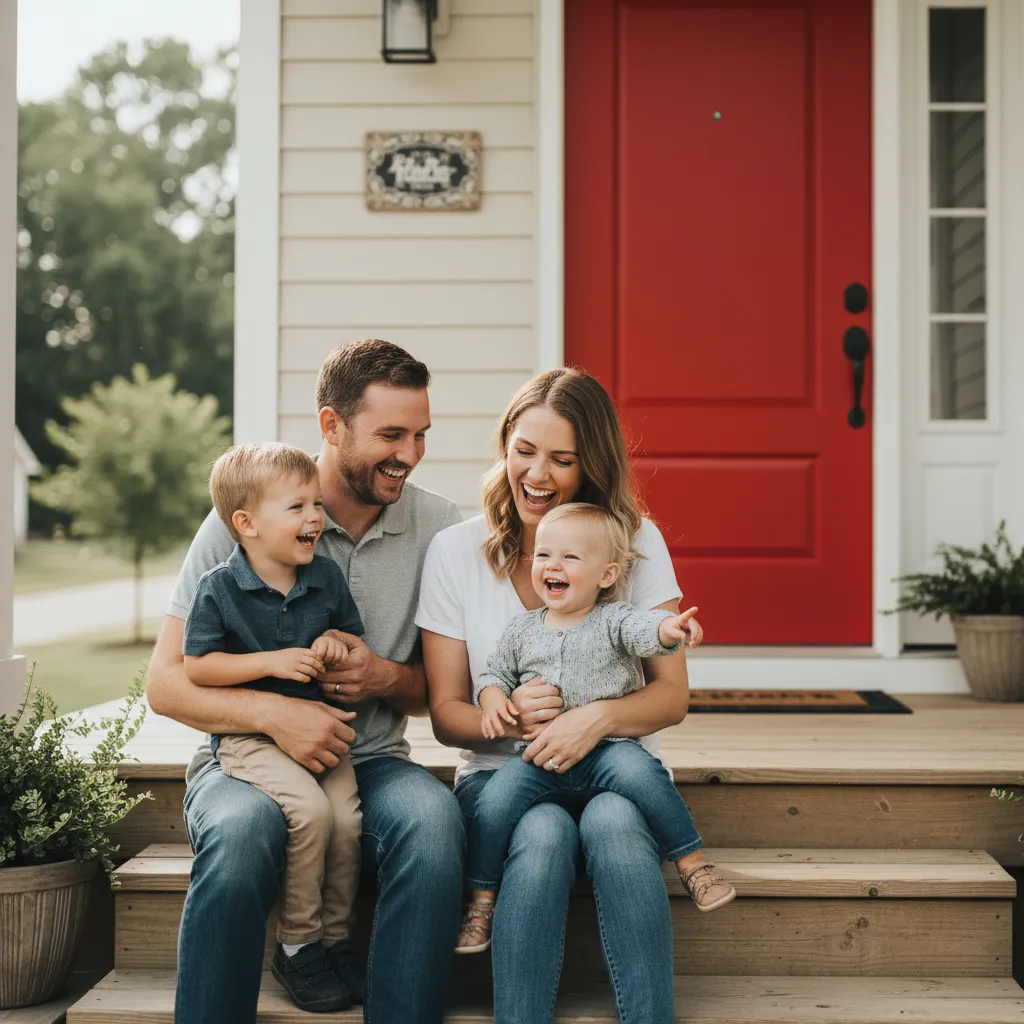Young family of four, parents and two children, sitting on the porch steps of their new house, laughing together. The home has a red accent door, symbolizing the SirLuckHomes brand.
