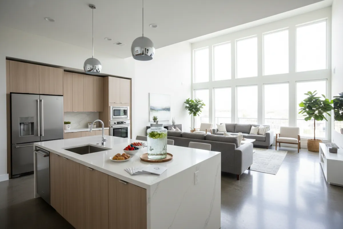Spacious open-concept kitchen and living area set up for an open house, with refreshments and brochures; bright and modern.