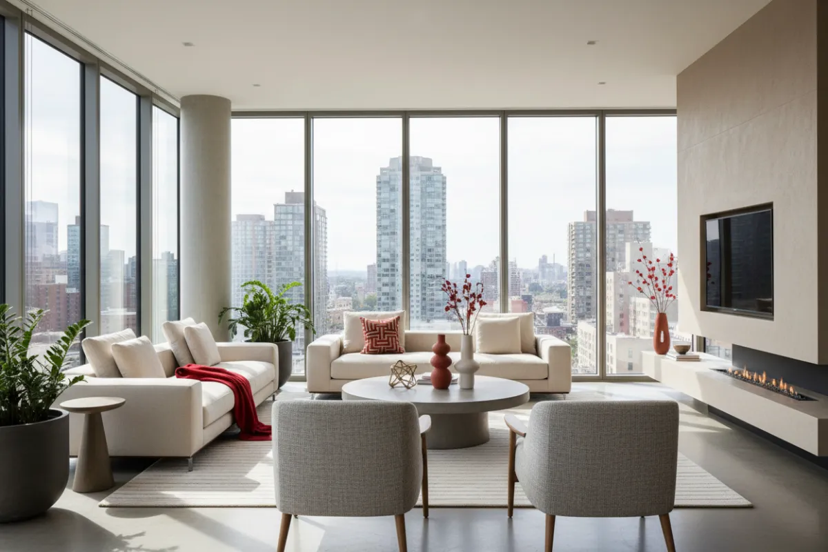 Modern living room with large windows, natural light, and contemporary furniture, staged for a real estate listing.