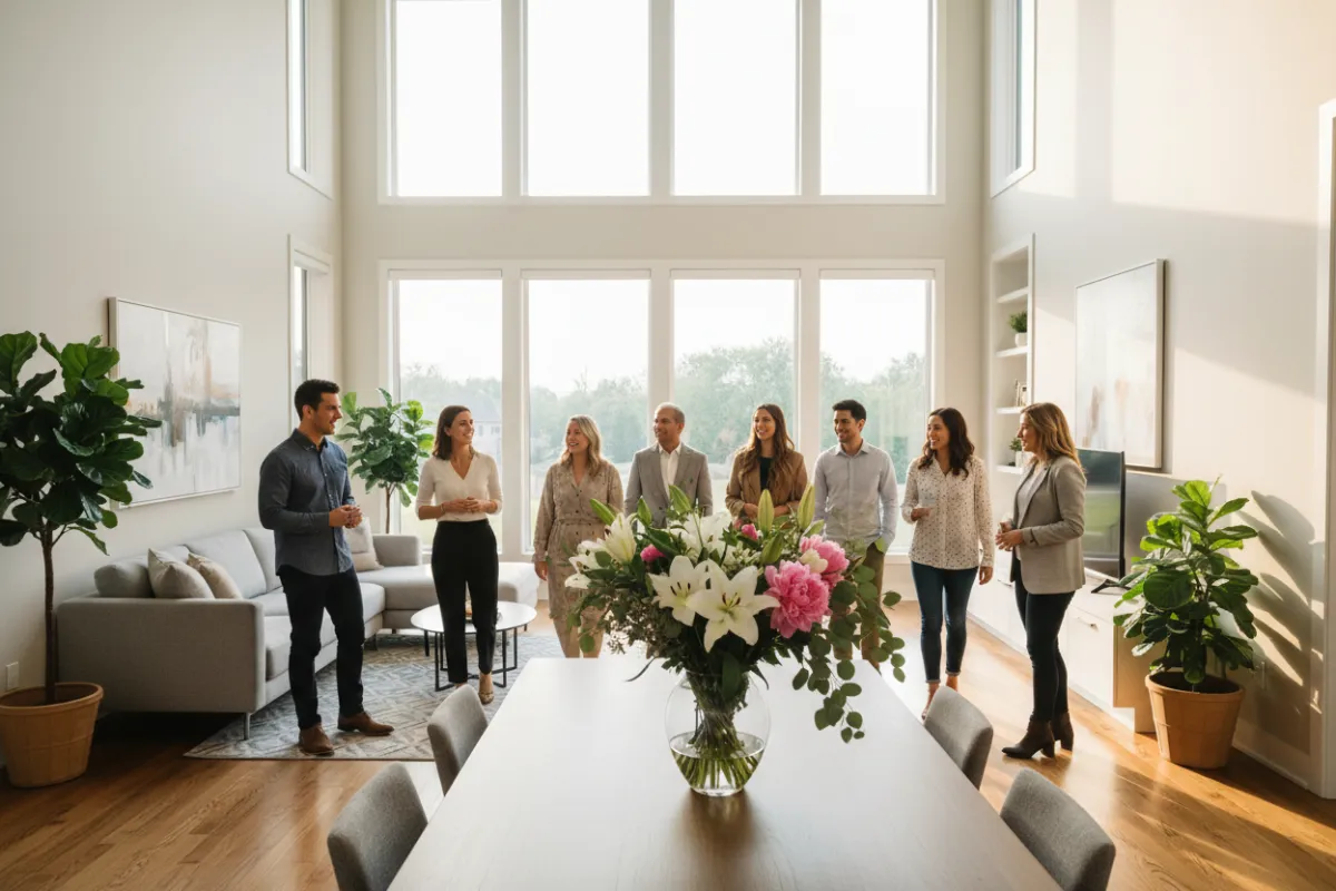 A bright, staged Ontario home interior during an open house, with fresh flowers on the table, natural light, and visitors touring the space, guided by a professional agent.
