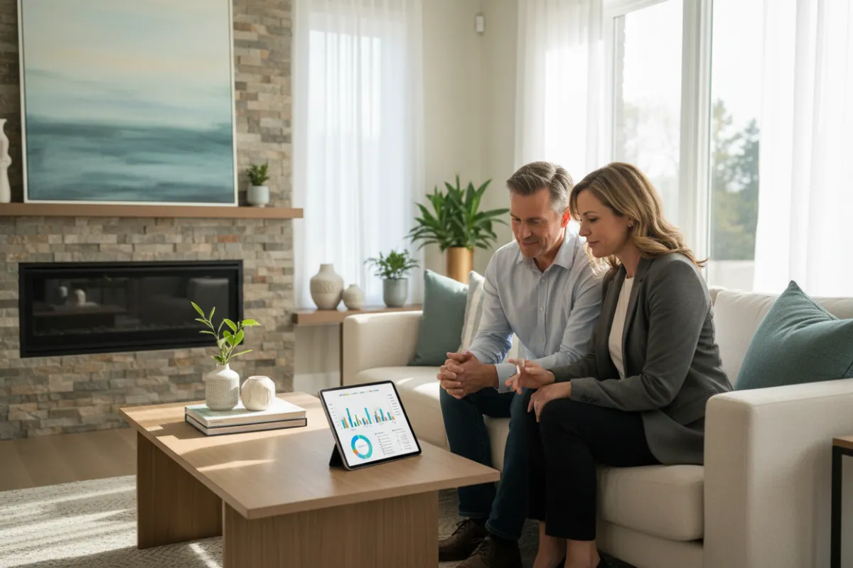 A real estate agent reviewing a digital home value report with a couple in a modern Ontario living room, natural light streaming in, with charts and property details visible on a tablet.