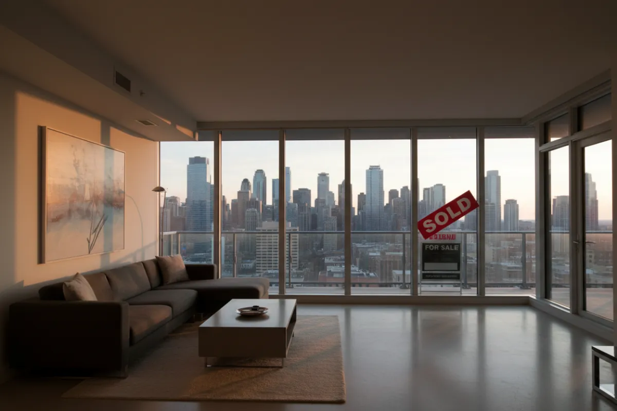 Modern downtown condo with floor-to-ceiling windows, city skyline views, and a 'Sold' sticker on the listing sign. The interior is sleek and minimalist, ideal for urban professionals.