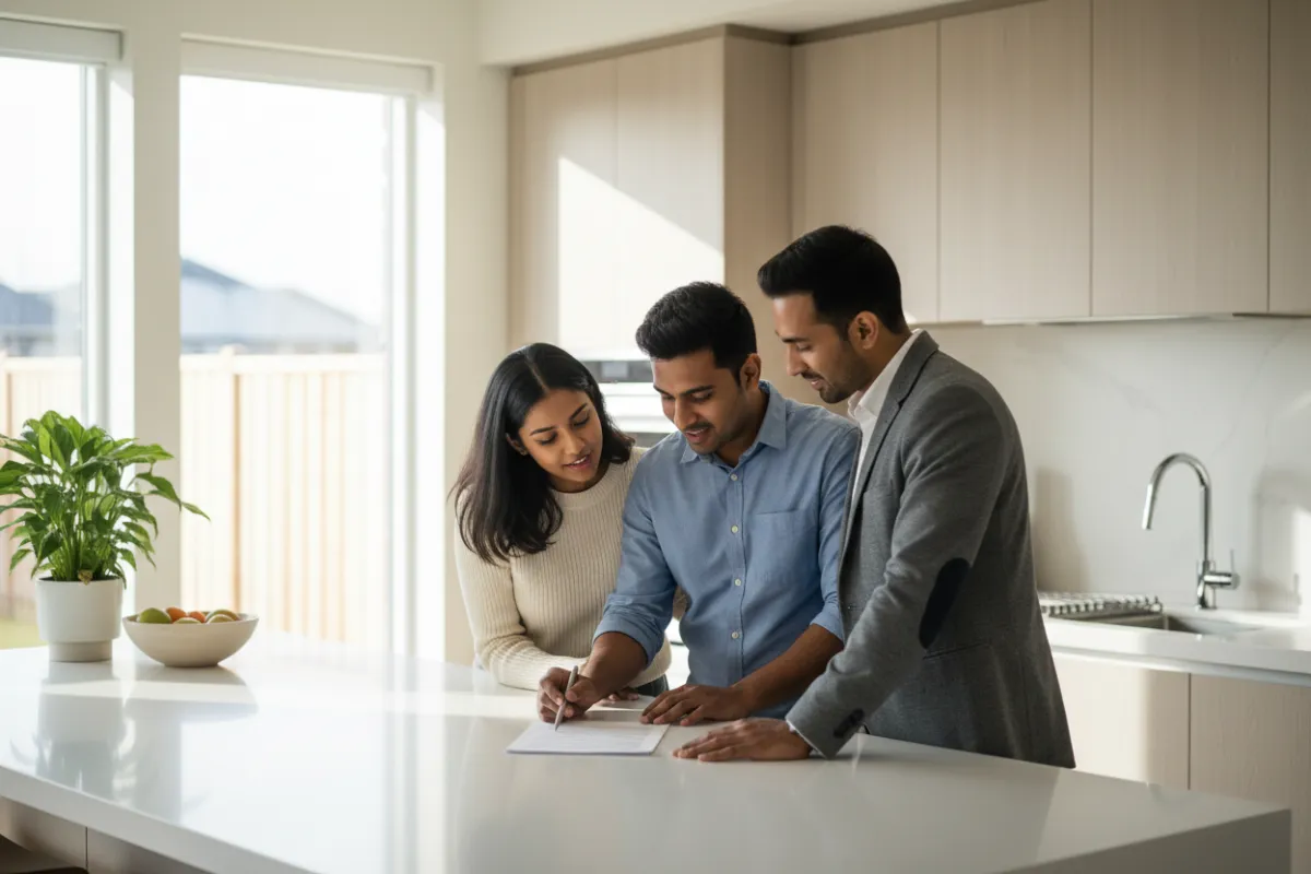 A confident young South Asian couple reviews a home offer document with their real estate agent at a kitchen island. The agent points to key details, and the couple looks engaged and optimistic. Modern kitchen, natural light, 3:2 aspect ratio.